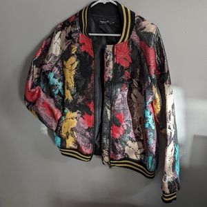 Multi color metallic paint splatter bomber jacket